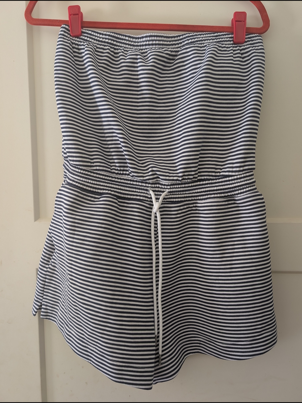 Striped Strapless Drawstring Romper in Navy & White